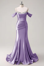 HEULORIA Elegant Ruched Satin Mermaid Evening Gown with Crystal Embellished Straps & Off-the-Shoulder Sleeves ED-349