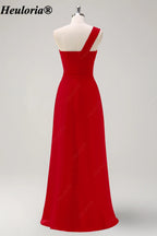 HEULORIA One-Shoulder Ruched Chiffon Bridesmaid Dress with Slit ED-959