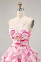 HEULORIA Pearl Beaded Straps Floral Ruffle Mini Homecoming Dress - Whimsical Tiered Rose Print Cocktail Gown ED-614
