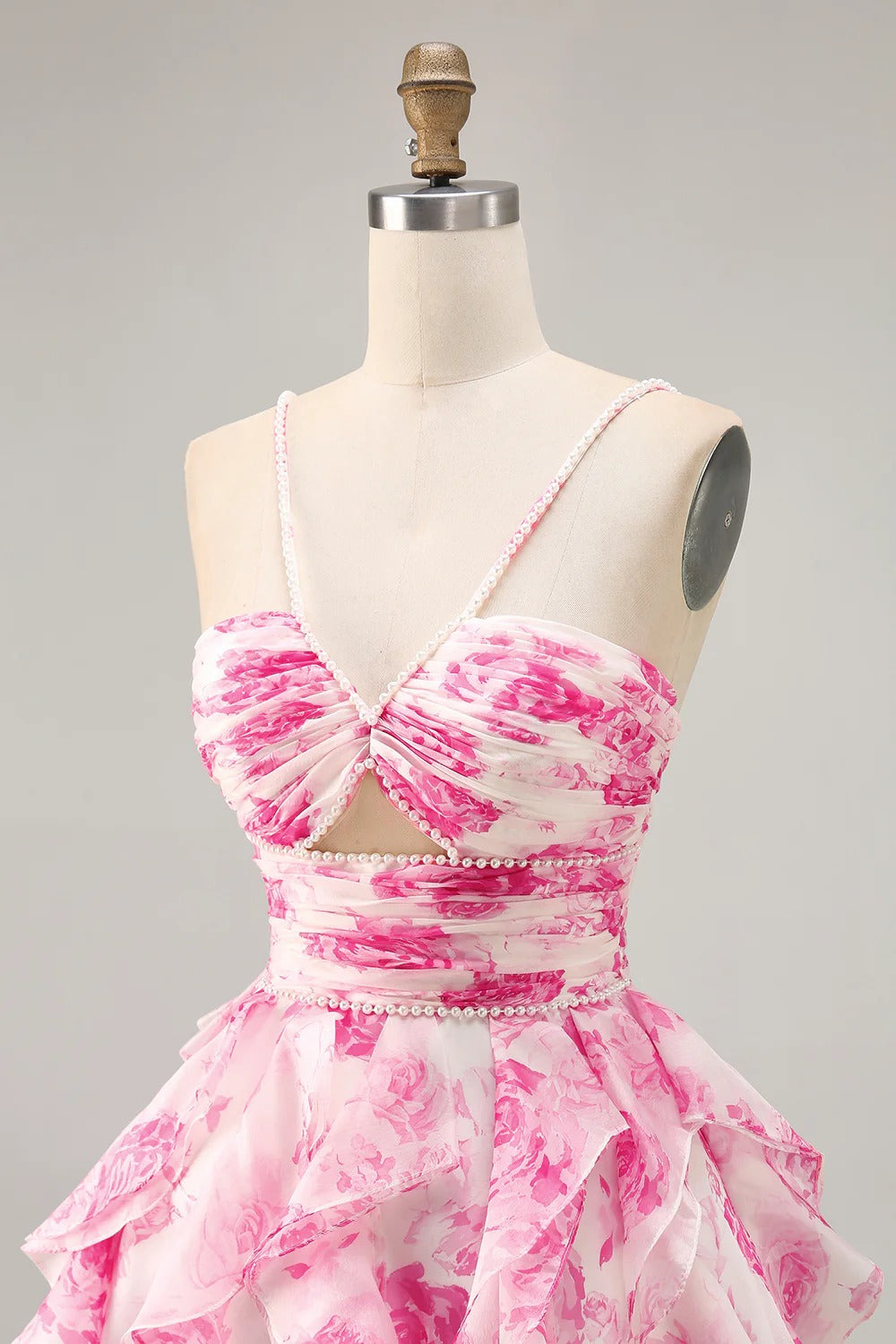 HEULORIA Pearl Beaded Straps Floral Ruffle Mini Homecoming Dress - Whimsical Tiered Rose Print Cocktail Gown ED-614
