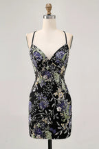 HEULORIA Floral Embroidered Sequin Bodycon Mini Dress with Sheer Mesh Cut-outs and Lace-Up Back ED-597