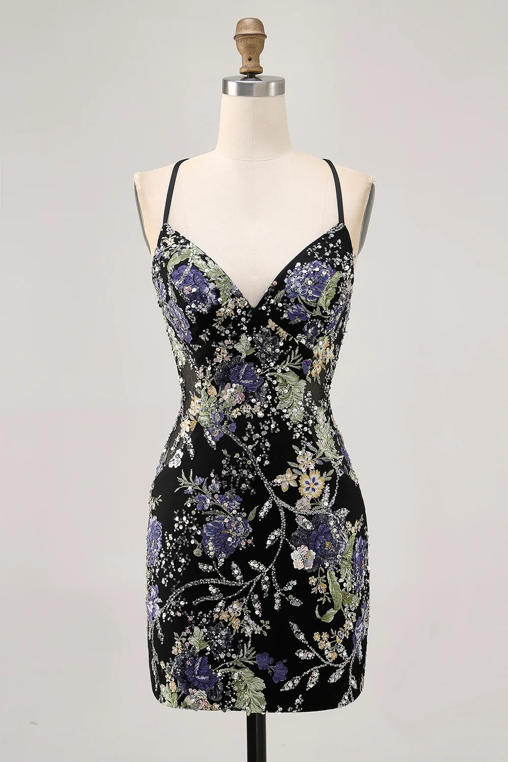 HEULORIA Floral Embroidered Sequin Bodycon Mini Dress with Sheer Mesh Cut-outs and Lace-Up Back ED-597