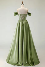 HEULORIA Off-the-Shoulder Sequin Beaded Satin Prom Dress with Slit & Corset Back ED-586