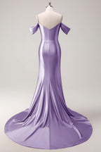 HEULORIA Elegant Ruched Satin Mermaid Evening Gown with Crystal Embellished Straps & Off-the-Shoulder Sleeves ED-349