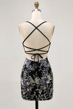 HEULORIA Floral Embroidered Sequin Bodycon Mini Dress with Sheer Mesh Cut-outs and Lace-Up Back ED-597