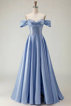 HEULORIA Off-the-Shoulder Sequin Beaded Satin Prom Dress with Slit & Corset Back ED-586