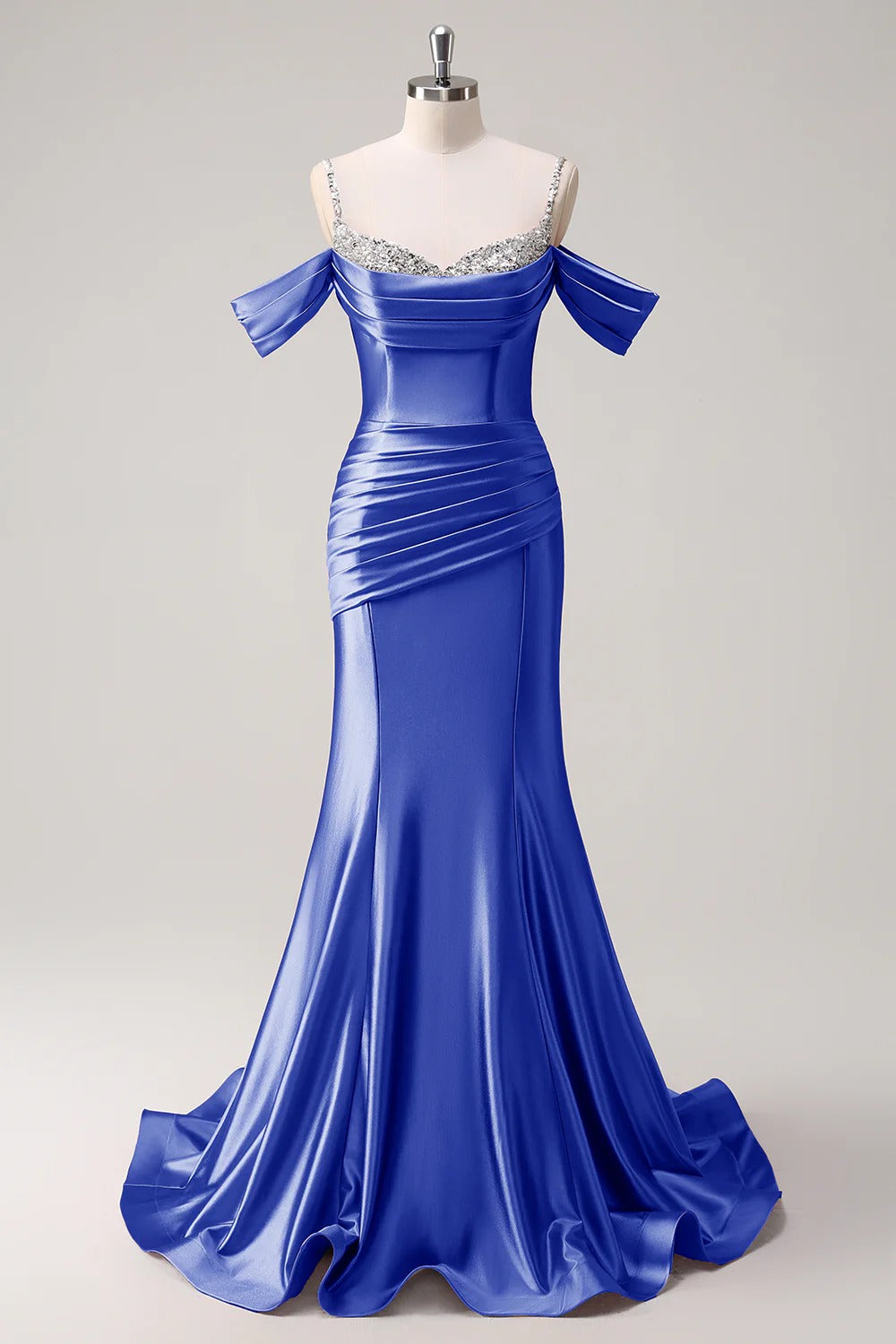 HEULORIA Elegant Ruched Satin Mermaid Evening Gown with Crystal Embellished Straps & Off-the-Shoulder Sleeves ED-349