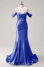 HEULORIA Elegant Ruched Satin Mermaid Evening Gown with Crystal Embellished Straps & Off-the-Shoulder Sleeves ED-349