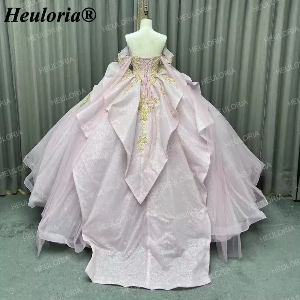 Pink and Gold Beaded Off-Shoulder Quinceañera Ball Gown BA-49 Secondary image