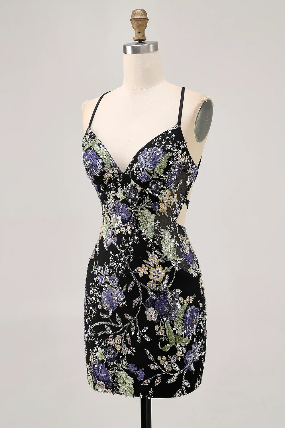 HEULORIA Floral Embroidered Sequin Bodycon Mini Dress with Sheer Mesh Cut-outs and Lace-Up Back ED-597