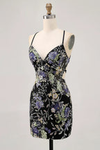 HEULORIA Floral Embroidered Sequin Bodycon Mini Dress with Sheer Mesh Cut-outs and Lace-Up Back ED-597