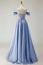 HEULORIA Off-the-Shoulder Sequin Beaded Satin Prom Dress with Slit & Corset Back ED-586