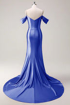 HEULORIA Elegant Ruched Satin Mermaid Evening Gown with Crystal Embellished Straps & Off-the-Shoulder Sleeves ED-349