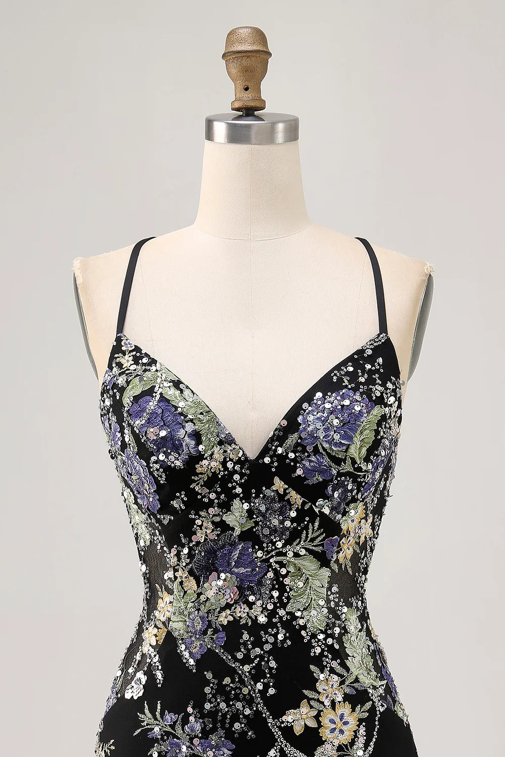 HEULORIA Floral Embroidered Sequin Bodycon Mini Dress with Sheer Mesh Cut-outs and Lace-Up Back ED-597