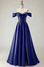 HEULORIA Off-the-Shoulder Sequin Beaded Satin Prom Dress with Slit & Corset Back ED-586