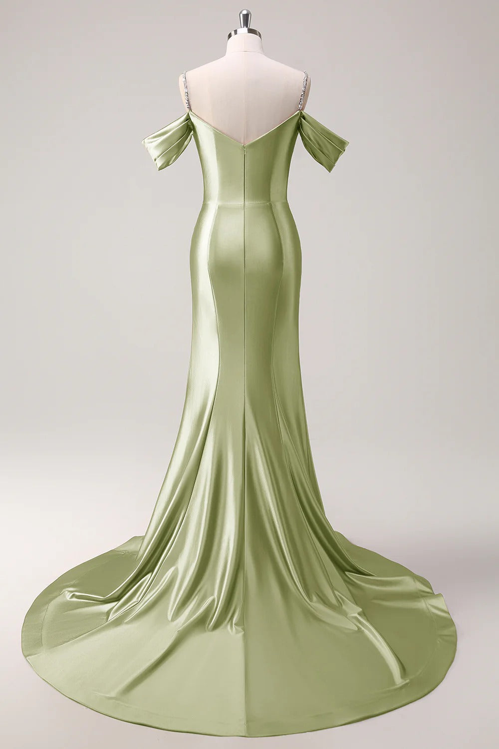 HEULORIA Elegant Ruched Satin Mermaid Evening Gown with Crystal Embellished Straps & Off-the-Shoulder Sleeves ED-349