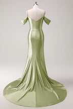 HEULORIA Elegant Ruched Satin Mermaid Evening Gown with Crystal Embellished Straps & Off-the-Shoulder Sleeves ED-349