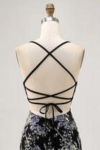 HEULORIA Floral Embroidered Sequin Bodycon Mini Dress with Sheer Mesh Cut-outs and Lace-Up Back ED-597