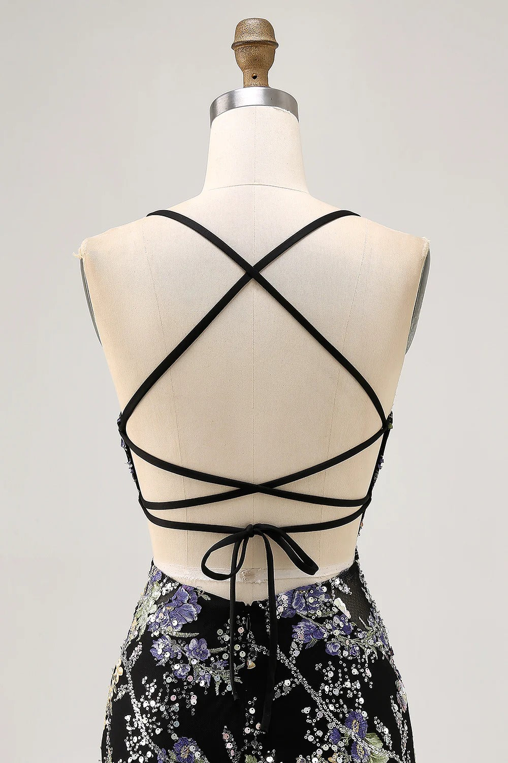 HEULORIA Floral Embroidered Sequin Bodycon Mini Dress with Sheer Mesh Cut-outs and Lace-Up Back ED-597