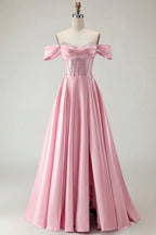 HEULORIA Off-the-Shoulder Sequin Beaded Satin Prom Dress with Slit & Corset Back ED-586