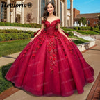 Red Off-Shoulder 3D Floral Corset Ball Gown Quinceañera Dress with Bow BA-48