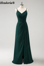 HEULORIA V-Neck Pleated Chiffon Bridesmaid Dress with Slit | ED-957