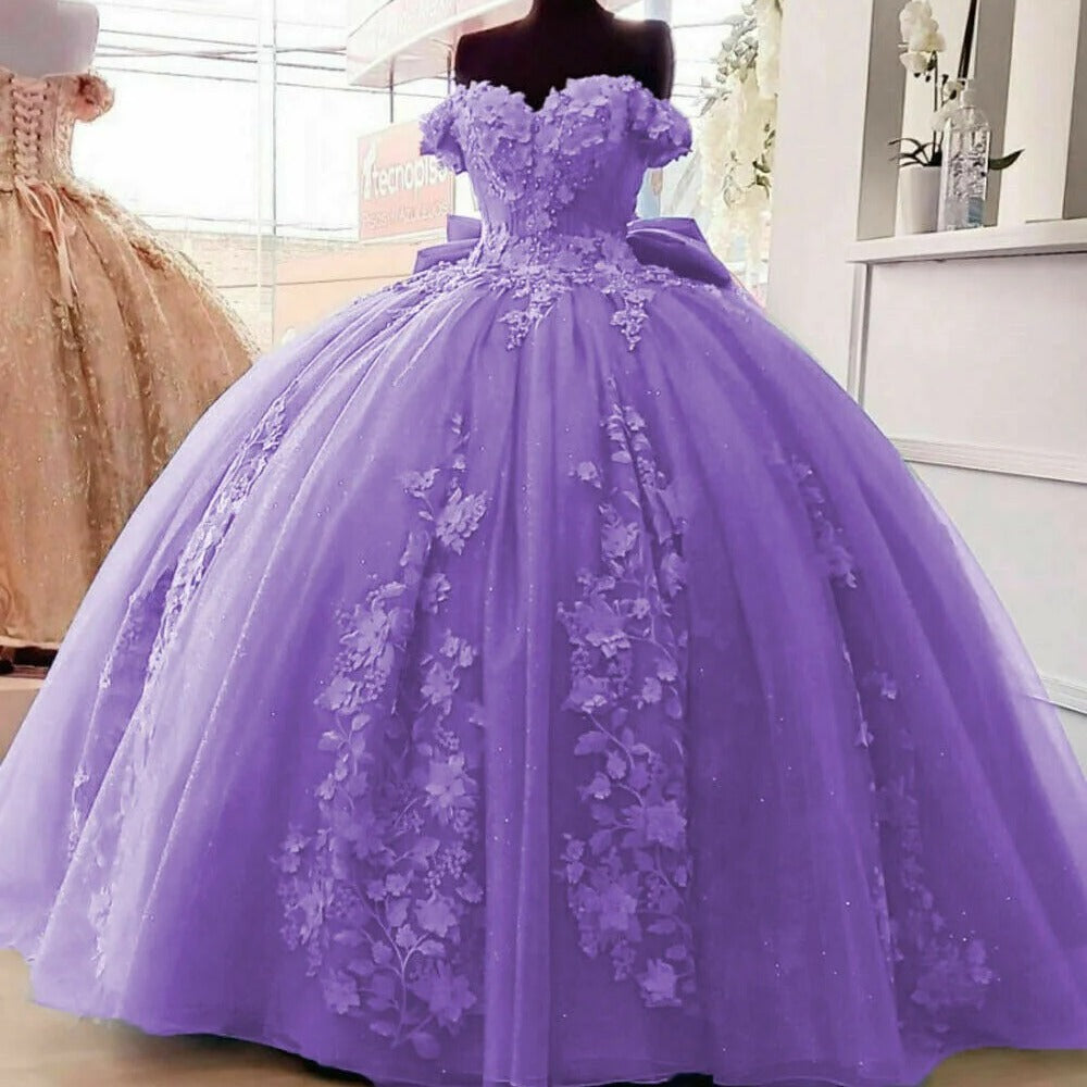 Purple Off Shoulder Sweetheart Ball Gown Quinceañera Dress with 3D Floral Appliques and Tulle Skirt