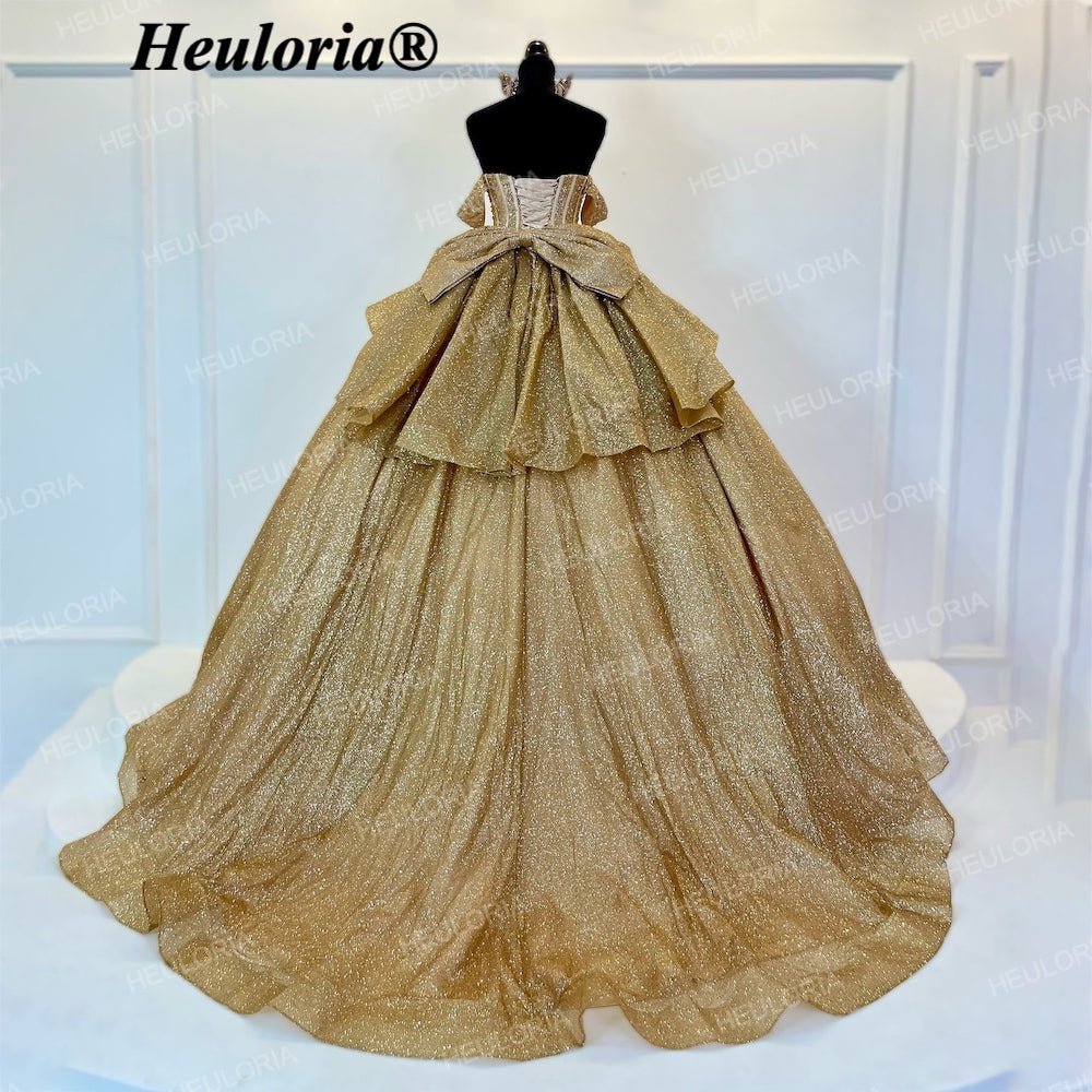 HEULORIA Luxury Gold Off-the-Shoulder Quinceañera Ball Gown with Crystal Corset & Back Bow BA-45