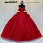 HEULORIA Radiant Red Glitter Off-the-Shoulder Quinceañera Ball Gown with Corset and Bow BA-44