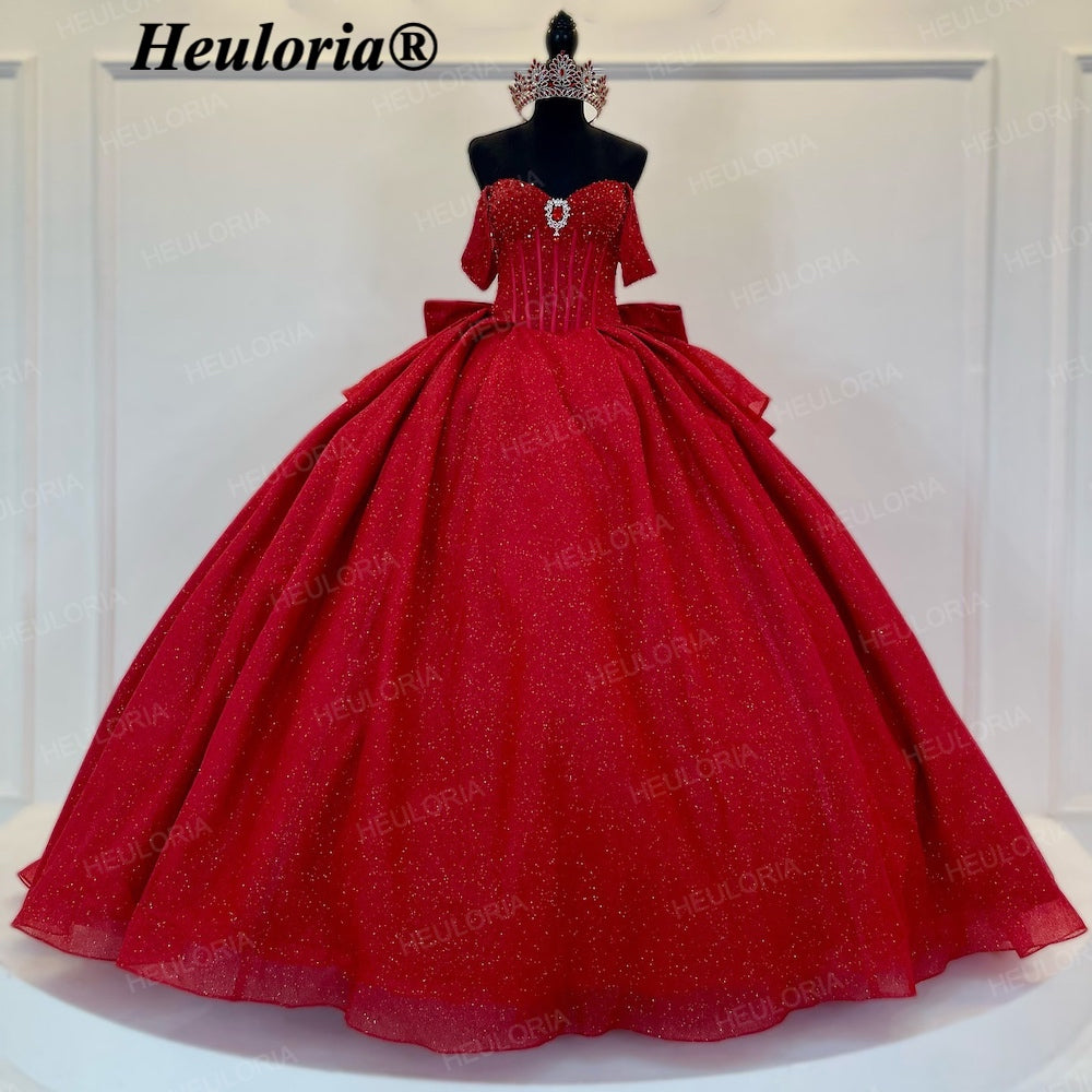 HEULORIA Radiant Red Glitter Off-the-Shoulder Quinceañera Ball Gown with Corset and Bow BA-44