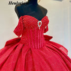 HEULORIA Radiant Red Glitter Off-the-Shoulder Quinceañera Ball Gown with Corset and Bow BA-44