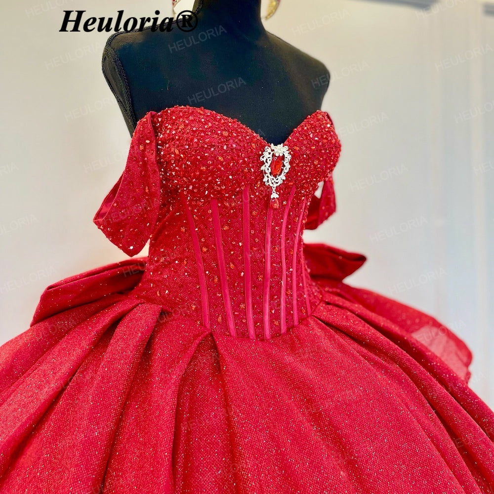 HEULORIA Radiant Red Glitter Off-the-Shoulder Quinceañera Ball Gown with Corset and Bow BA-44