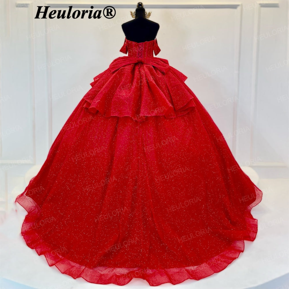 HEULORIA Radiant Red Glitter Off-the-Shoulder Quinceañera Ball Gown with Corset and Bow BA-44
