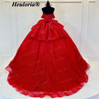 HEULORIA Radiant Red Glitter Off-the-Shoulder Quinceañera Ball Gown with Corset and Bow BA-44