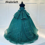 HEULORIA Emerald Green Glitter Ball Gown Quinceañera Dress with Crystal Corset & Off-the-Shoulder Sleeves BA-43