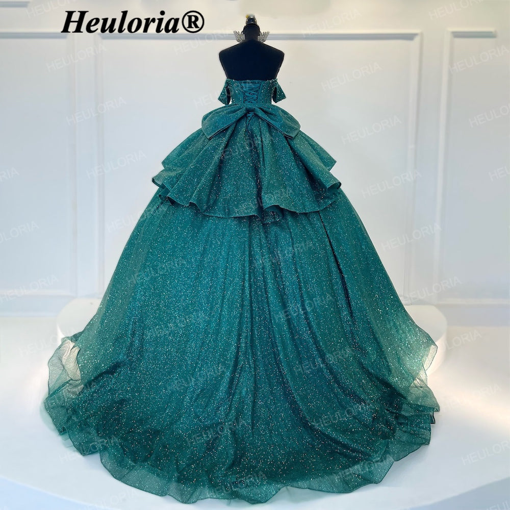 HEULORIA Emerald Green Glitter Ball Gown Quinceañera Dress with Crystal Corset & Off-the-Shoulder Sleeves BA-43