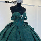 HEULORIA Emerald Green Glitter Ball Gown Quinceañera Dress with Crystal Corset & Off-the-Shoulder Sleeves BA-43