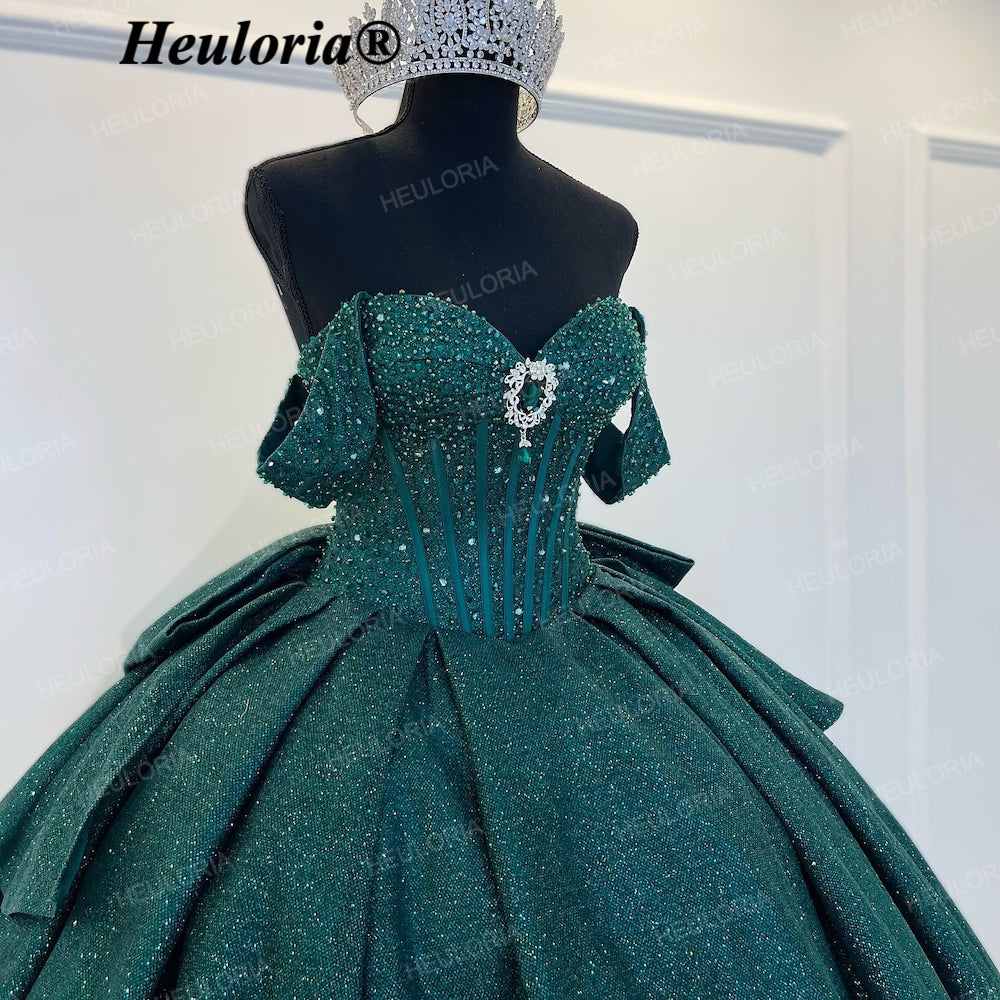 HEULORIA Emerald Green Glitter Ball Gown Quinceañera Dress with Crystal Corset & Off-the-Shoulder Sleeves BA-43