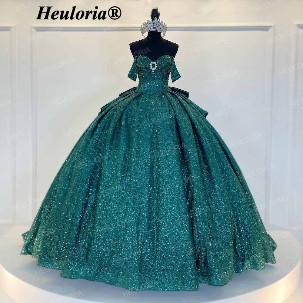 HEULORIA Emerald Green Glitter Ball Gown Quinceañera Dress with Crystal Corset & Off-the-Shoulder Sleeves BA-43 Main image