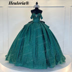 HEULORIA Emerald Green Glitter Ball Gown Quinceañera Dress with Crystal Corset & Off-the-Shoulder Sleeves BA-43