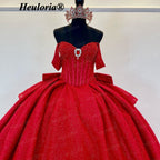 HEULORIA Radiant Red Glitter Off-the-Shoulder Quinceañera Ball Gown with Corset and Bow BA-44
