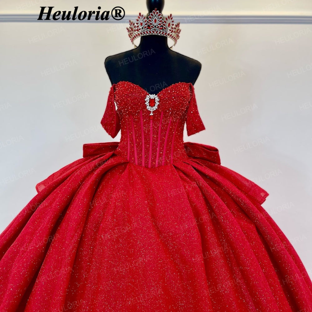 HEULORIA Radiant Red Glitter Off-the-Shoulder Quinceañera Ball Gown with Corset and Bow BA-44