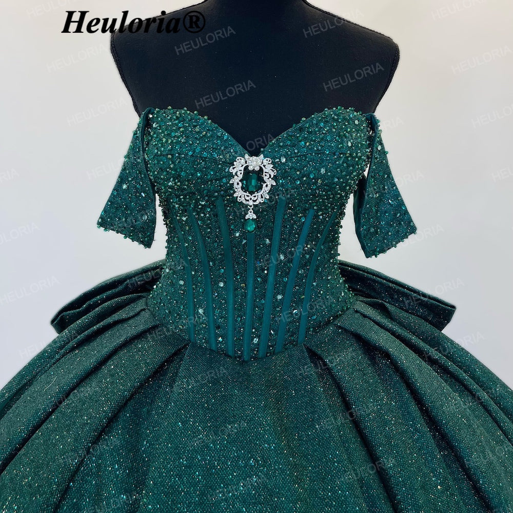 HEULORIA Emerald Green Glitter Ball Gown Quinceañera Dress with Crystal Corset & Off-the-Shoulder Sleeves BA-43