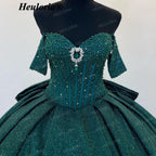 HEULORIA Emerald Green Glitter Ball Gown Quinceañera Dress with Crystal Corset & Off-the-Shoulder Sleeves BA-43