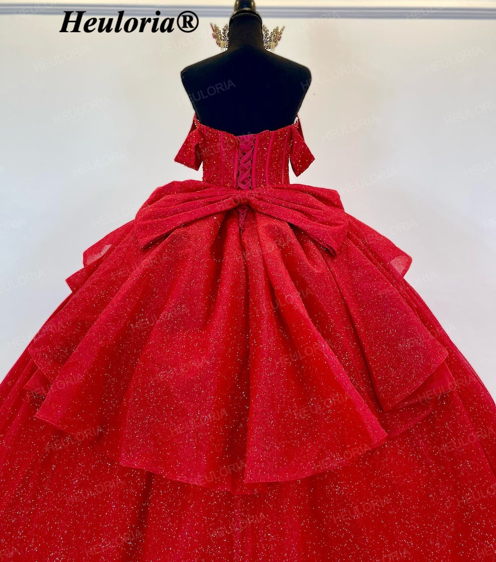 HEULORIA Radiant Red Glitter Off-the-Shoulder Quinceañera Ball Gown with Corset and Bow BA-44