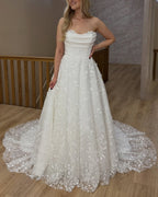 HEULORIA Floral Lace A-Line Wedding Dress with Draped Strapless Bodice BA-34