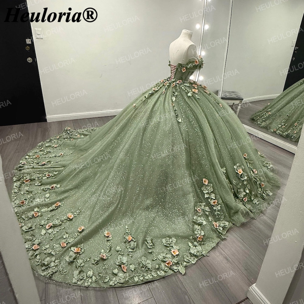 Sage Green 3D Floral Off-Shoulder Quinceañera Ball Gown with Corset Back BA-47