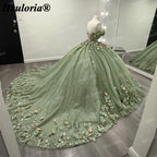 Sage Green 3D Floral Off-Shoulder Quinceañera Ball Gown with Corset Back BA-47