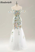 Heuloria Multicolor Floral Embroidered Off-the-Shoulder Tulle Mermaid Evening Dress ED-612