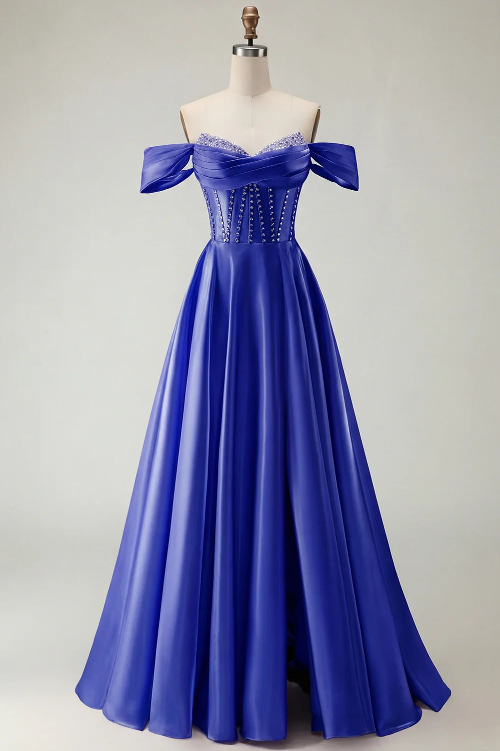 HEULORIA Off-the-Shoulder Sequin Beaded Satin Prom Dress with Slit & Corset Back ED-586